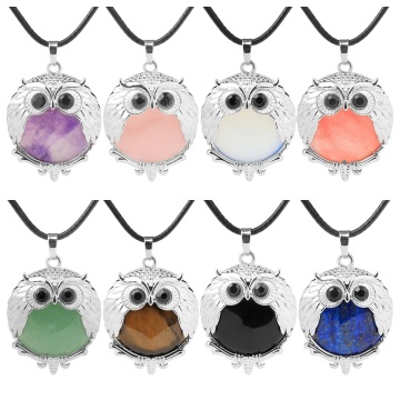 Gemstone 24mm Beads Silver Owl Pendant Necklace 45cm Black Cord