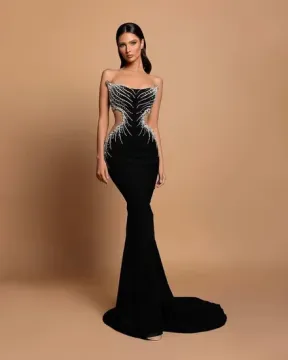 Black Backless Long Dress with Beading and Rhinestones
