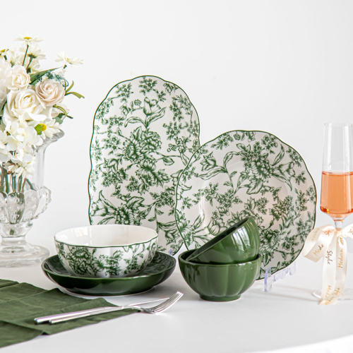 Grüne Keramik Abendessen Set Porzellan Tabelle Luxus feiner Knochen Luxuriöses Geschirrteller Set Ceramic