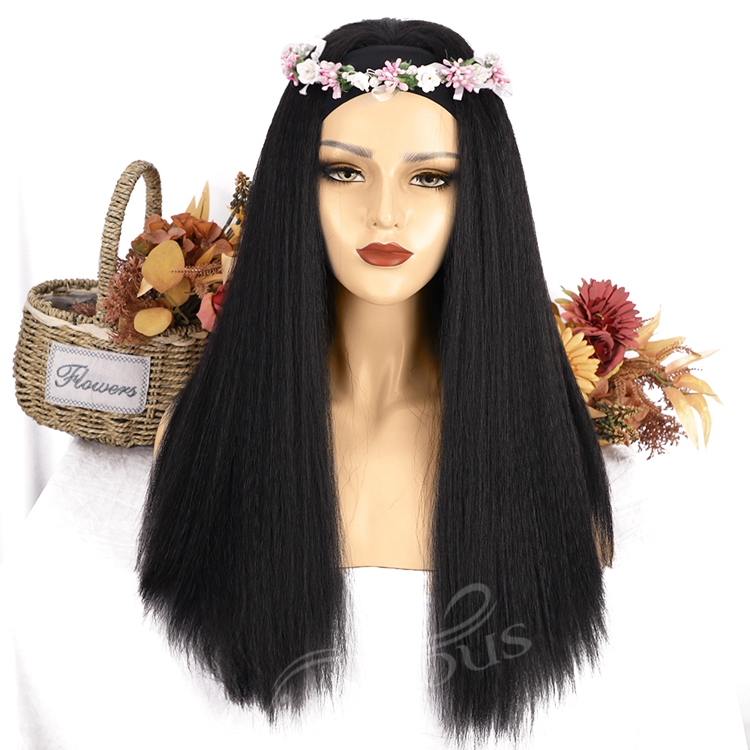 Long Yaki Glueless 2021 Best Quality Wholesale Synthetic Wigs Grip Adjustable Headband Attached For Women Black Wig None Lace