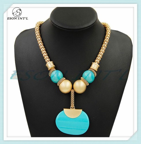 2015 Hotsale Women Alloy Chain Gold Balls Blue Plastic Beads Pendant Necklace