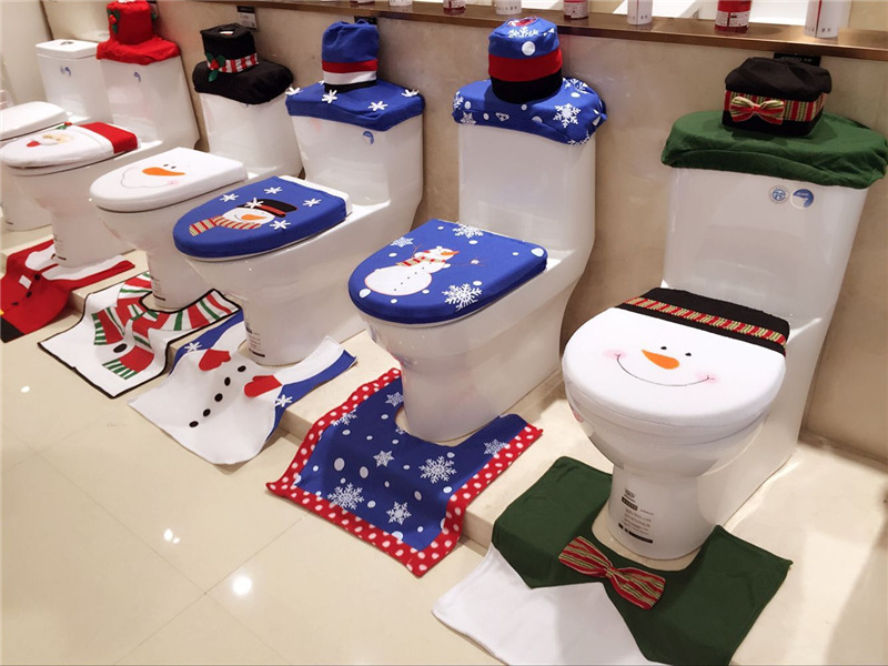 2018 Christmas! 3 Pcs Christmas Decorations/ Happy Santa Toilet Seat Cover and Rug Bathroom Set