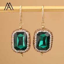 Vintage Style Dark Green Glass Beads, American Diamond & Gold Plated Copper Earrings for Women's Parties