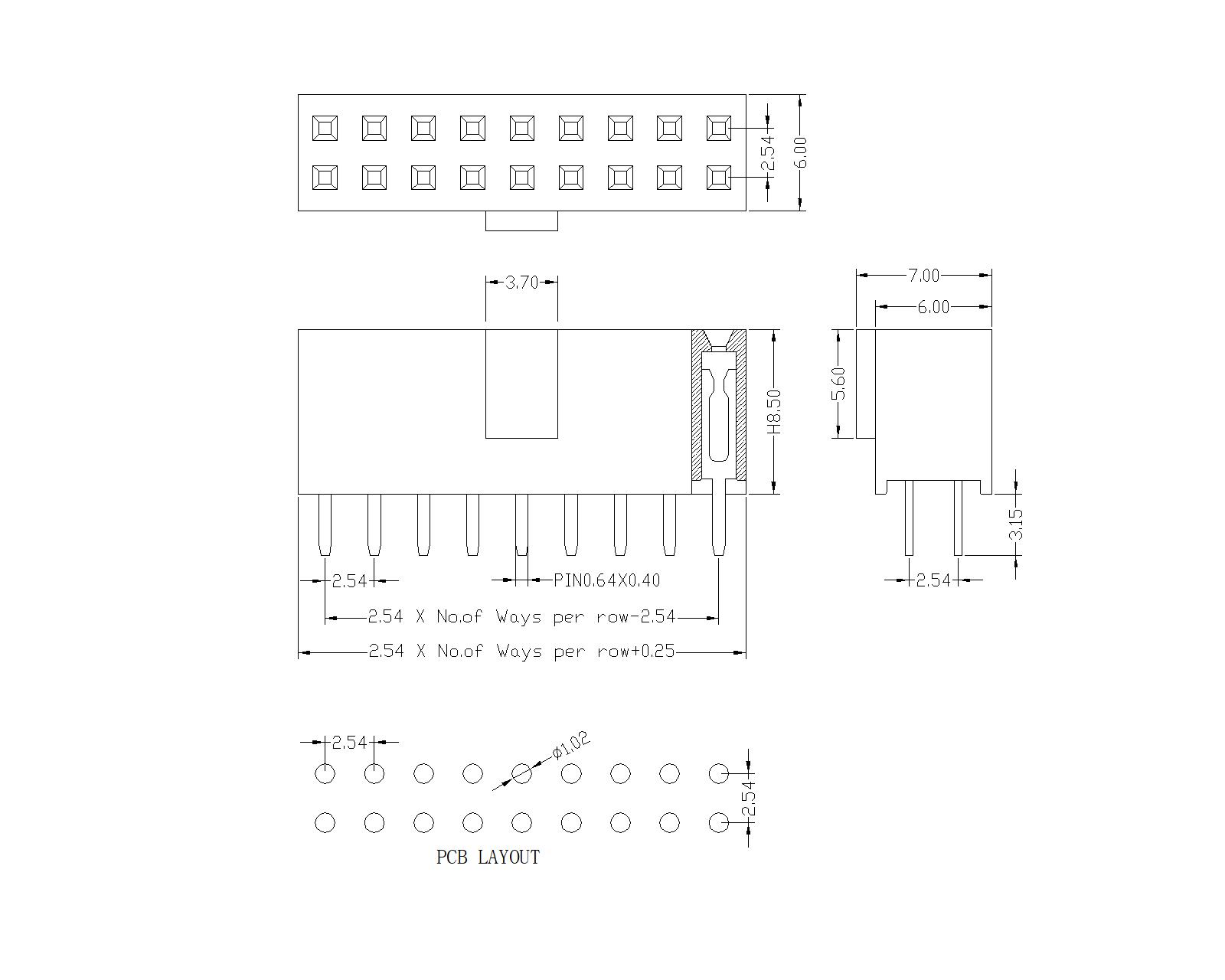 2.54 mm Female Header Dual Row Straight Type(W=6.0 H=8.5) With Half Bump FHES17B-XXDXXX 2.54 mm Female Header Dual Row Straight Type(W=6.0 H=8.5) With Half Bump FHES17B-XXDXXX