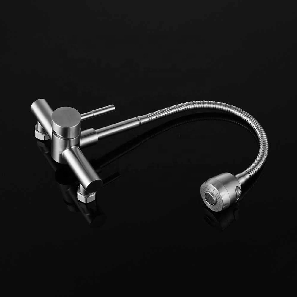 304 stainless steel wall mounted Dual hole 360 swivel flexible kitchen tap mixer nickel brushed sink faucet