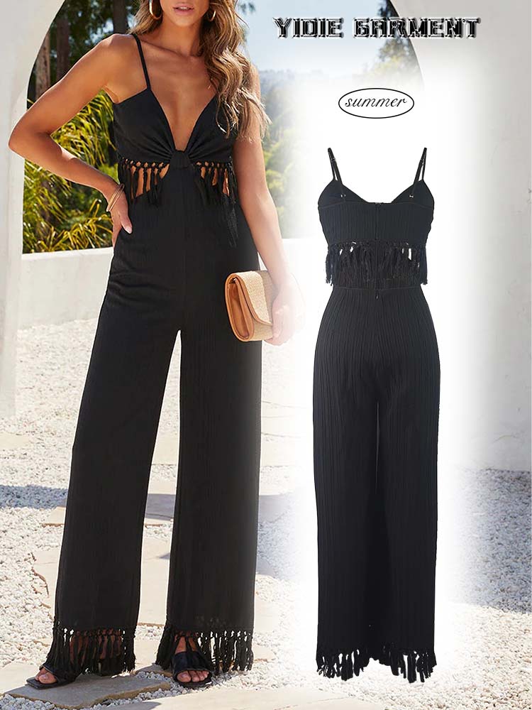 Black Tassel Fringes Open Back Wide Leg Jumpsuit