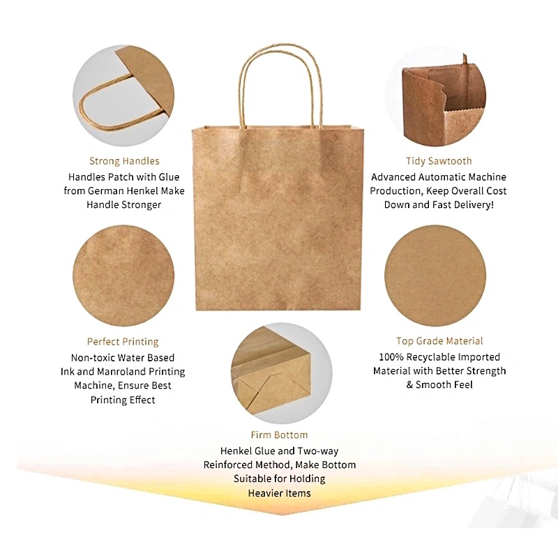 Recycled Fast Food Bread Take Away Shopping Packaging Bag Brown Kraft with Die Cut Handle