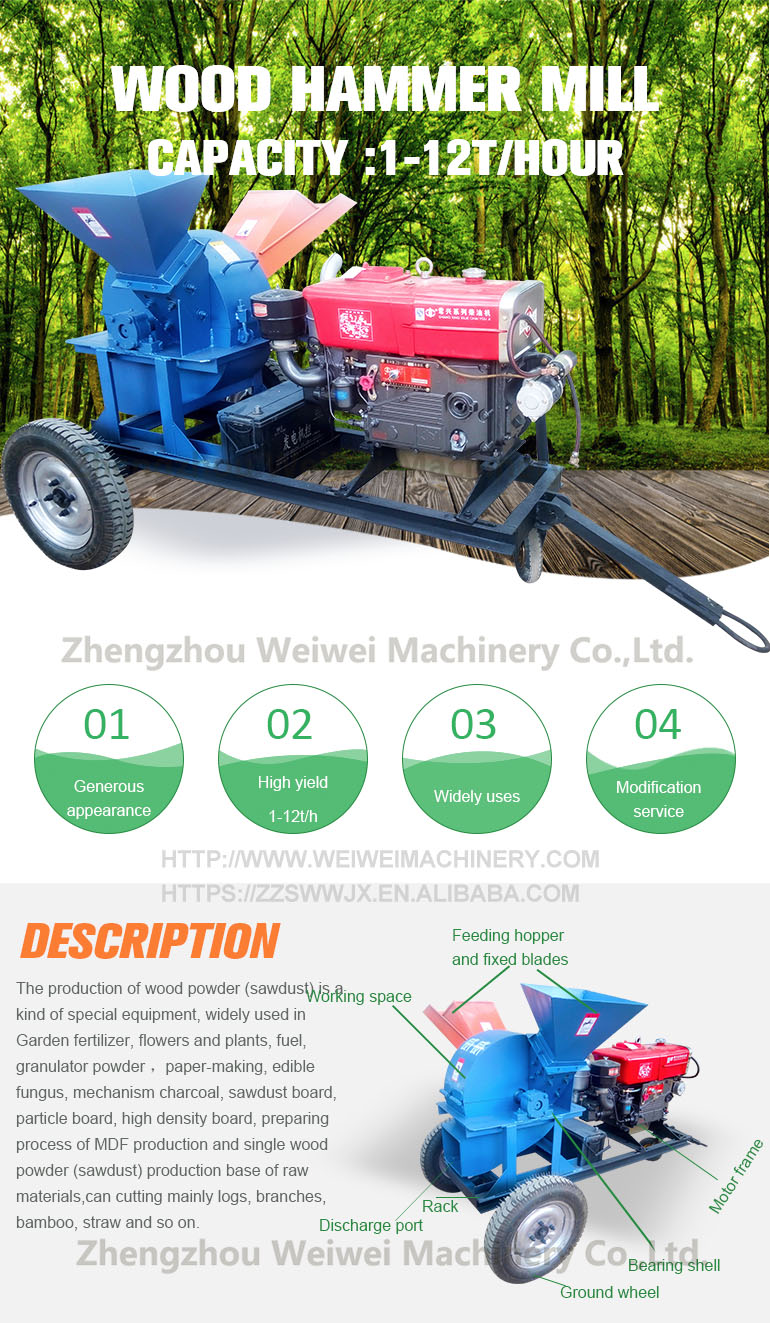 Weiwei wood hammer mill wood crushing machine diesel electric engine