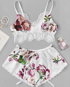 Hot Selling Wireless Floral Satin Lingerie Set - Bra and Brief