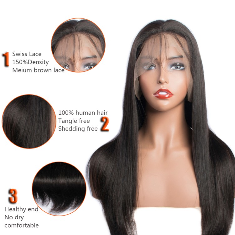 Grade 10A silky straight full lace wig with baby hair 10-28 inches 100% unprocessed raw Indian virgin hair wigs