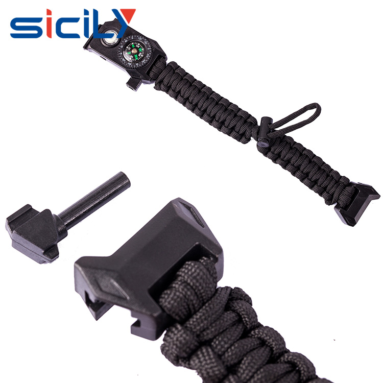 Wholesale woven paracord survival bracelet with fire starter buckle led