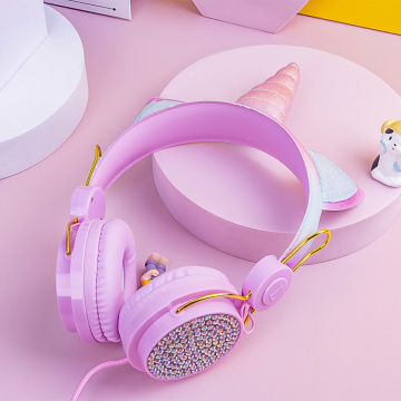 Foldable On-Ear Wired Headset Unicorn Diamond Kids Headphones with LED Cat Ears Microphone