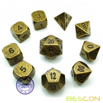 Bescon 10pcs Set Ancient Brass Solid Metal Polyhedral Dice Set, Old Finish Bronze Metal RPG Role Playing Game Dice 7+3 Extra D6s