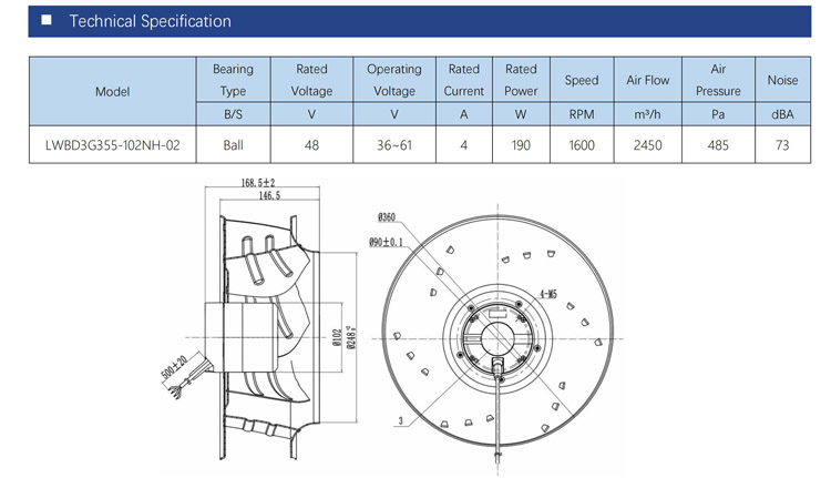 355mm Aluminum Alloy DC 24V 48V BLDC 0~10V PWM DC centrifugal blower fan impeller radial blower