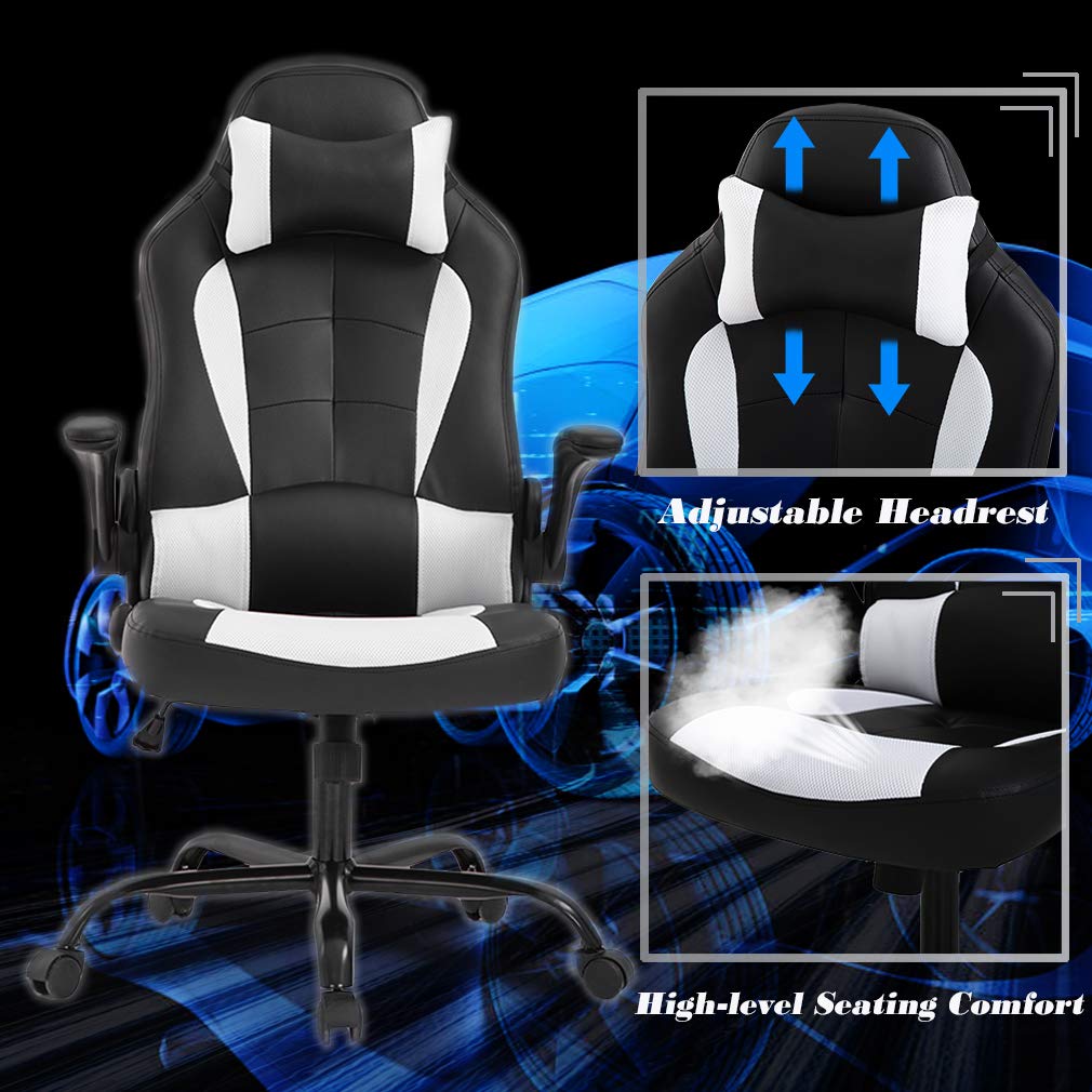 White PC Gaming Chair Massage Function Office Chair High-level Seating Comfort Chair with Adjustable Headrest