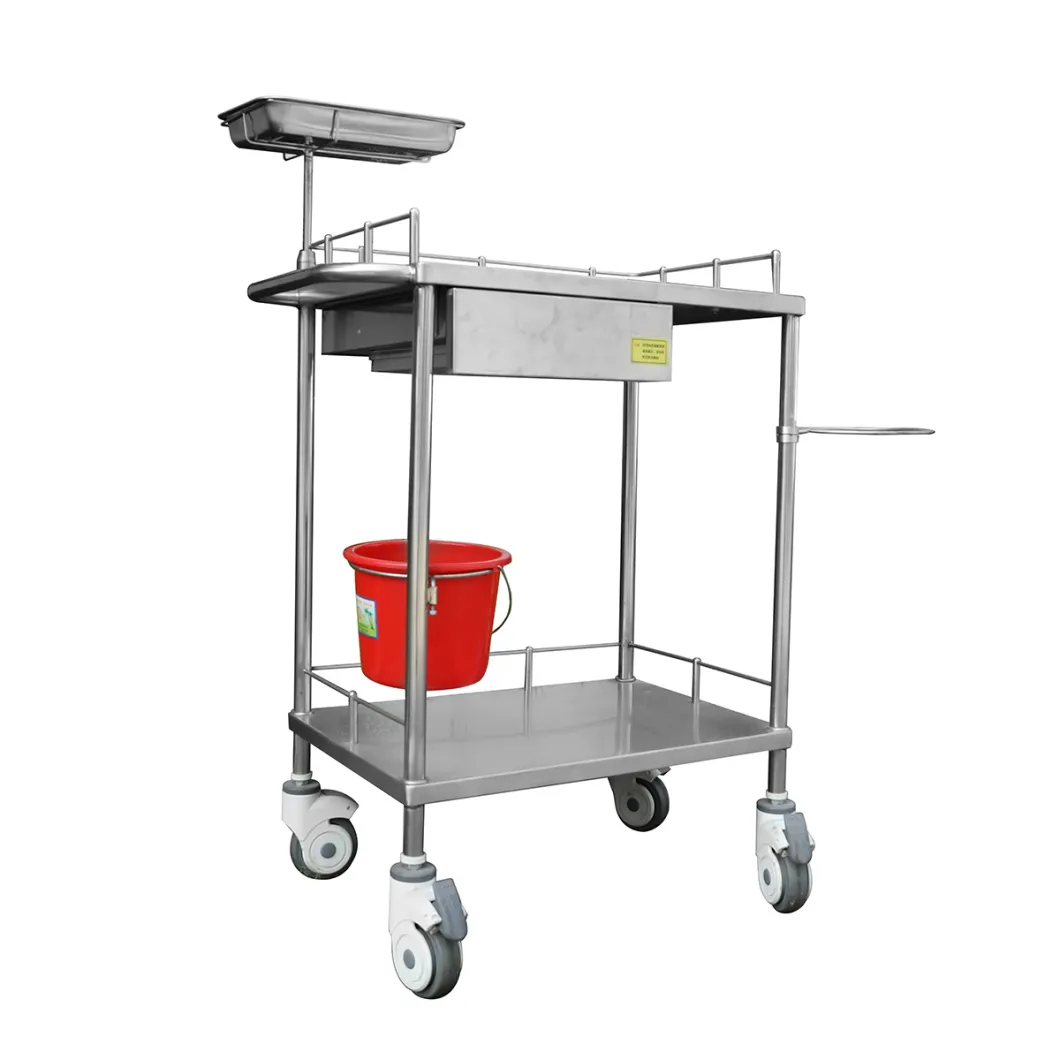 Two-Layer, One Drawer Stainless Steel Hospital Trolley with Wheels