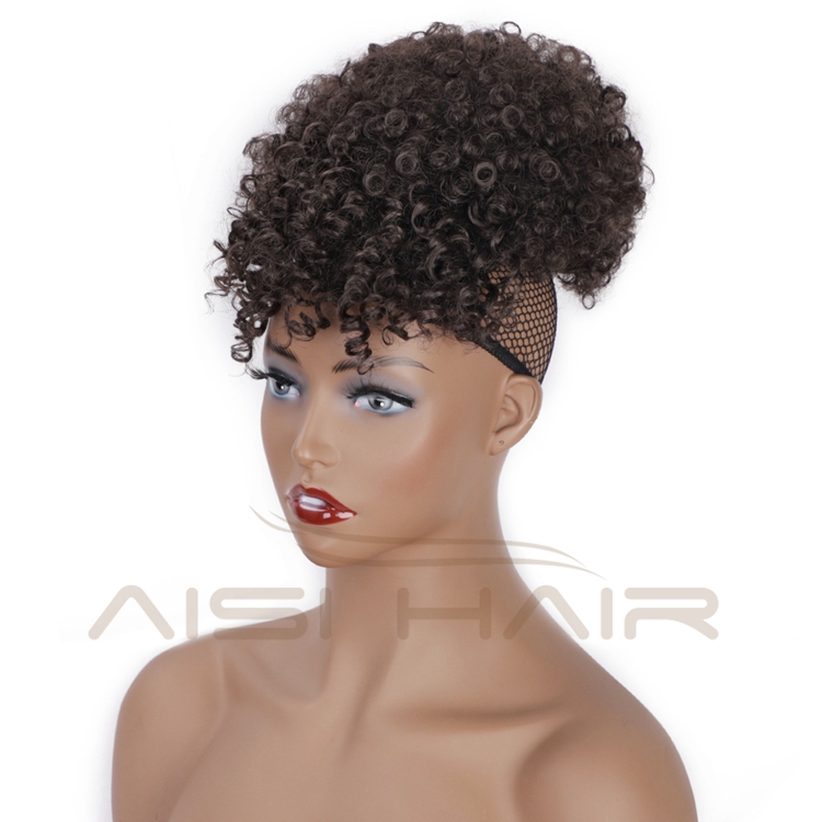 Aisi Hair Hot Selling Afro Puff Short Kinky Curly Drawstring Ponytail Bun With Bangs Synthetic Ponytail Updo Hair Extensions