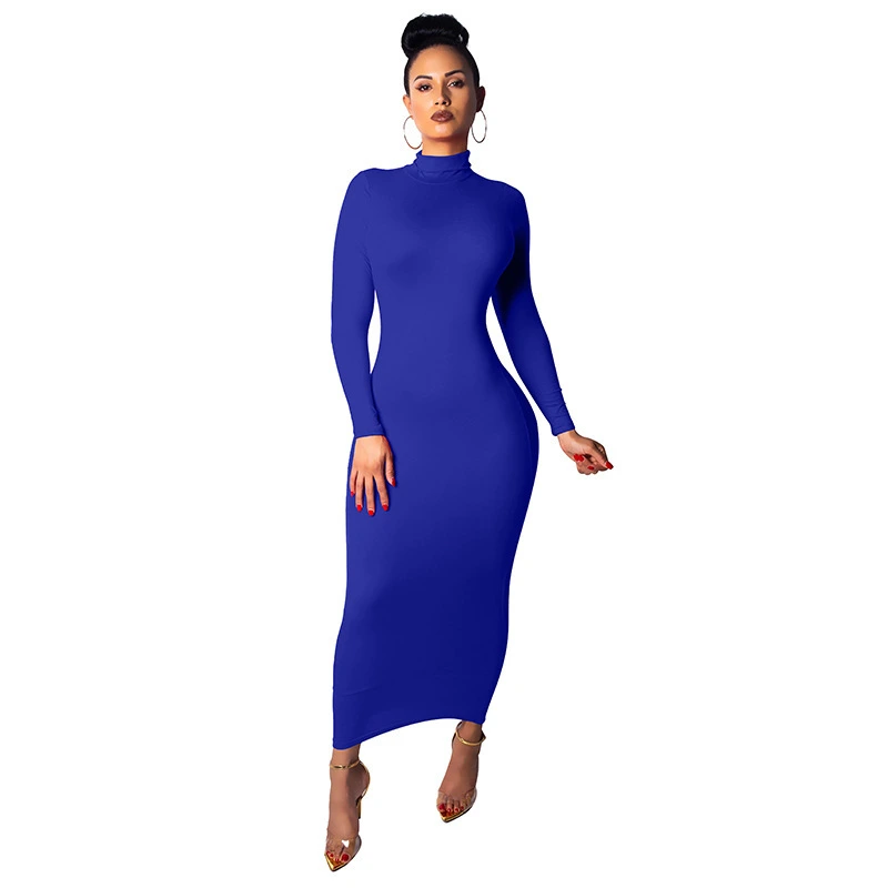 New Season Design Fall Solid Color High Neck Long Sleeve Long Skirt Tight Fitting Warm Fashion Ladies Bodycon Maxi Party Dresses