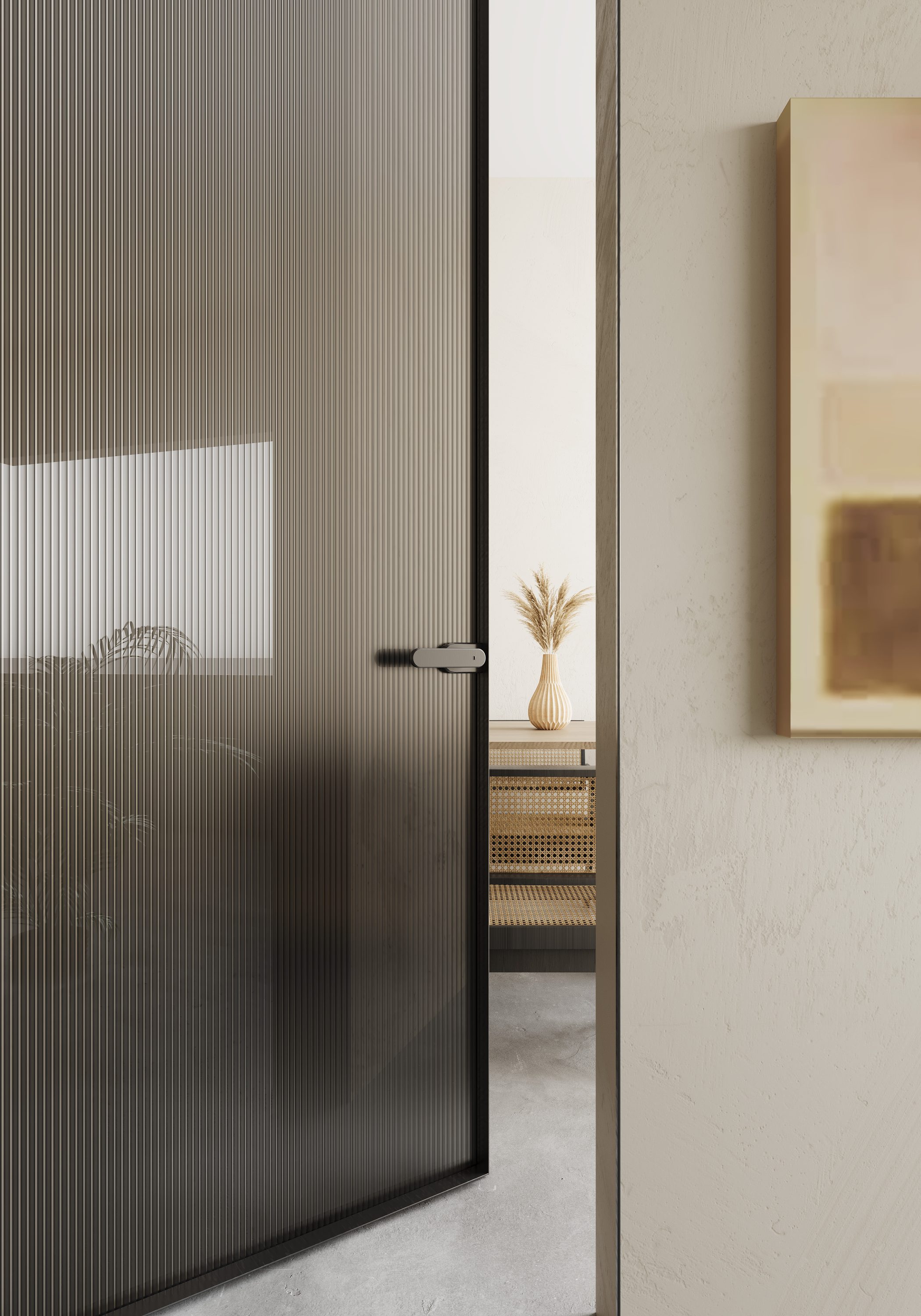 Porta giratória de vidro Equinox aberta para sala adjacente