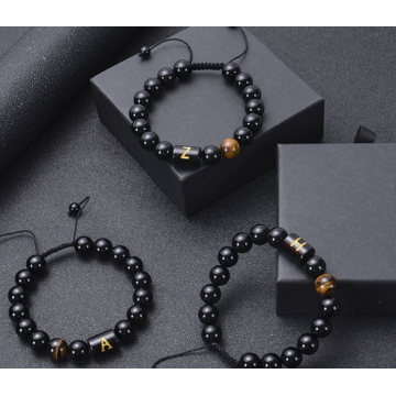 Natural black agate stone woven Beaded Bracelet English alphabet logo Bracelet charming couple lettering gift