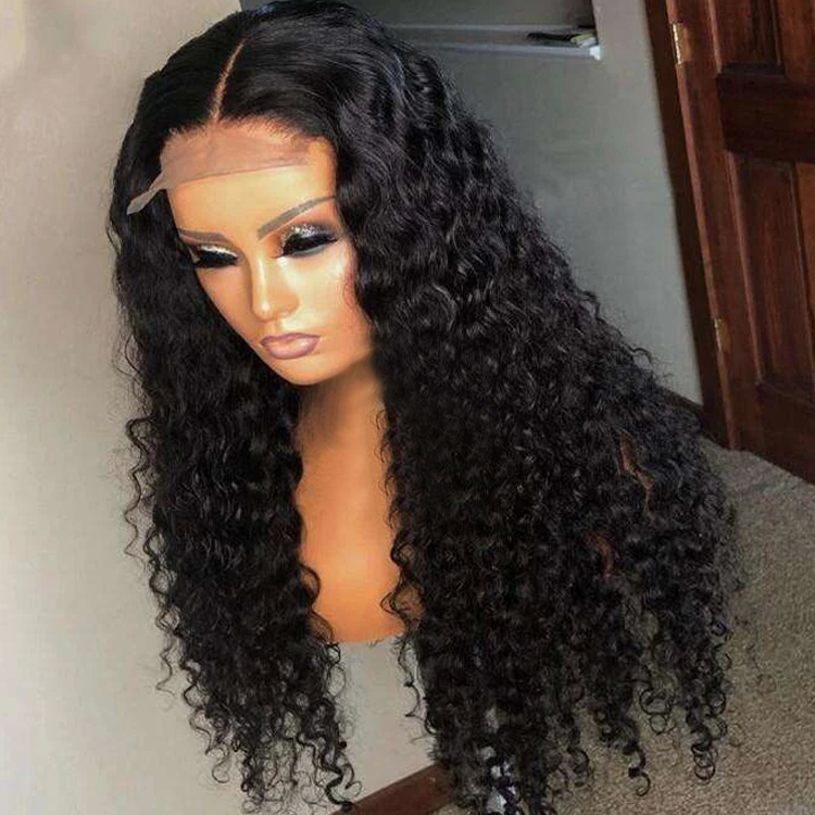 5x5 Lace Closure Human Hair Wig Unit 100% Human Hair Lace Wigs Deep Curly 180% 210% Density Natural Black Color