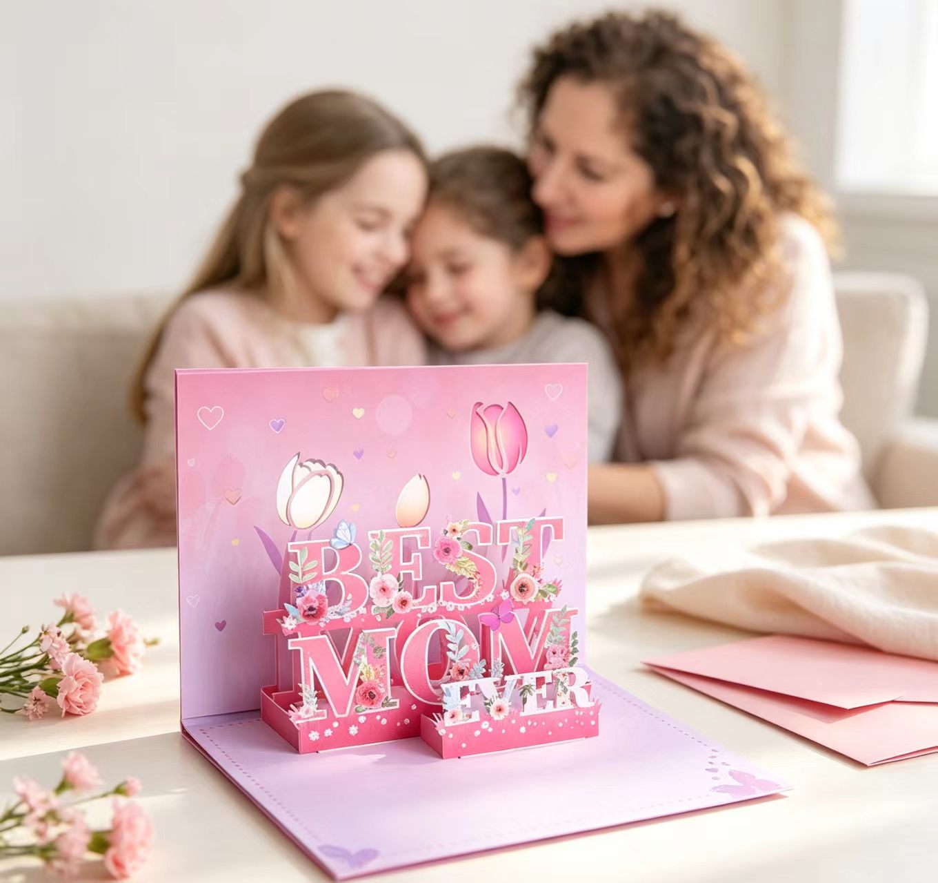 Wyskakująca karta z okazji dnia matki z różowym kwiatem pink flower mother's day pop up card