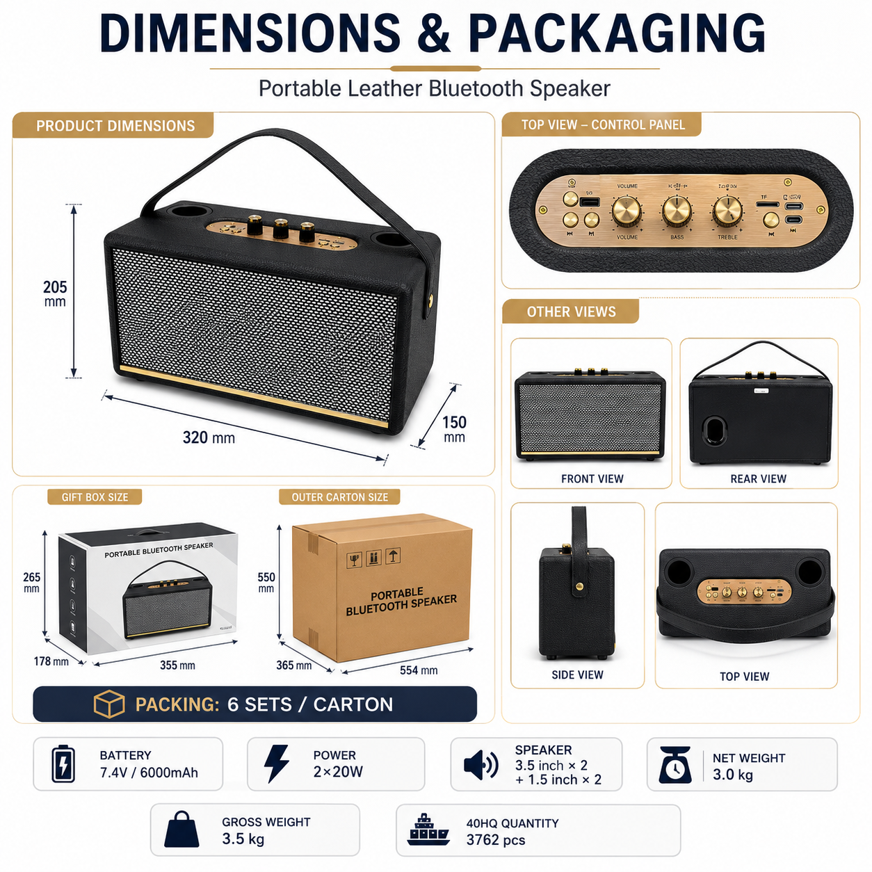 40W Deri Ahşap Bluetooth Hoparlör 40W Leather Wooden Bluetooth Speaker