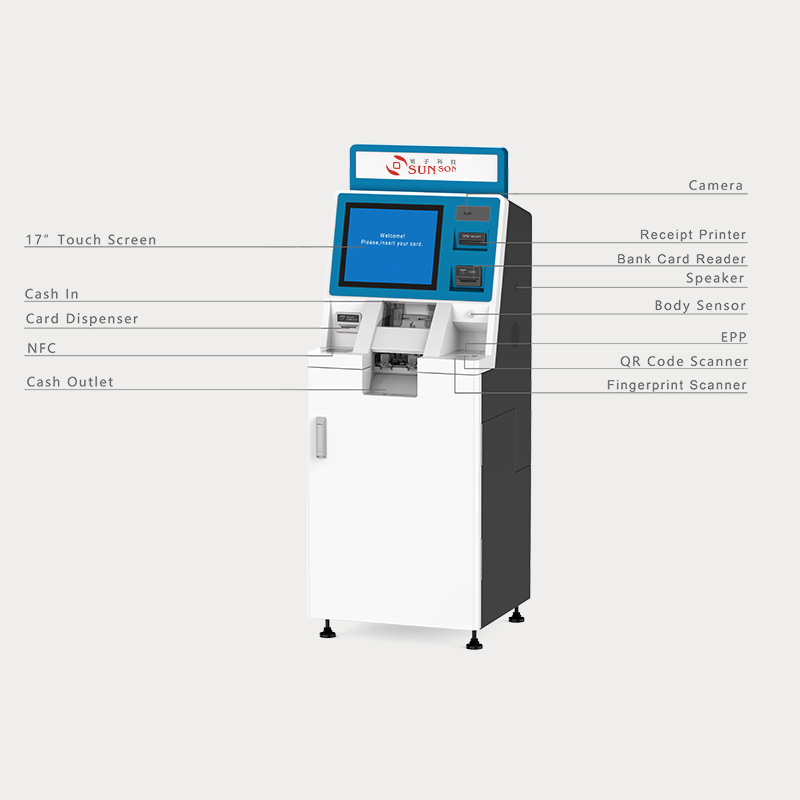 مصرف اللوبي ATM مع إصدار البطاقات وماسح الضوئي رمز الاستجابة السريعة والاعتراف البيولوجي