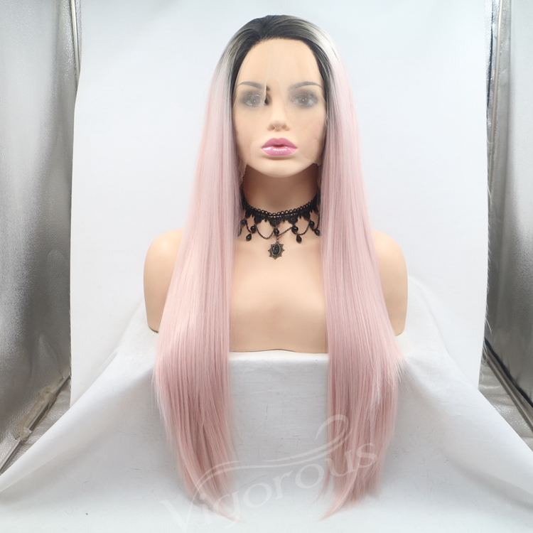 Vigorous pink ombre long straight premium high quality wholesale black women synthetic hair wigs with lace