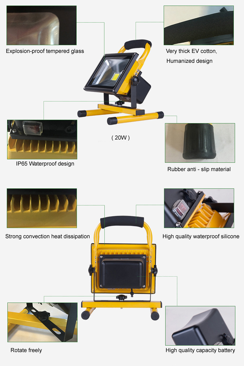 Portable IP65 high brightness 10W 20W 30W 50W 100W 150W 200W  tripod stand rechargeable LED emergency light