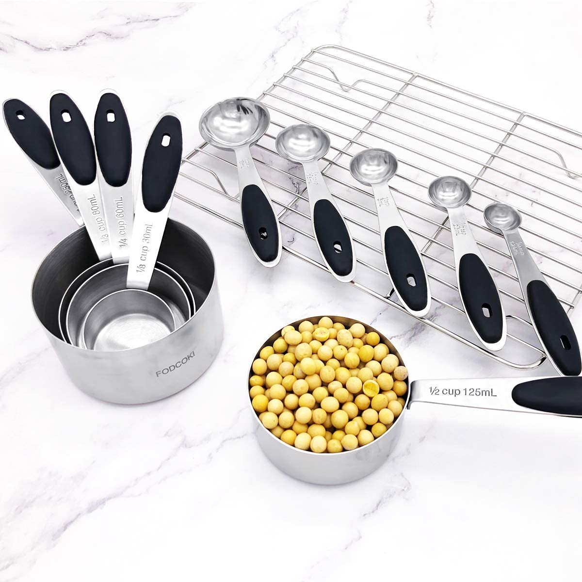 Kitchen Measuring Cups and Spoons Set of 12, 18/8 Stainless Steel Measuring Spoons and Cups with Silicone Handle, Black