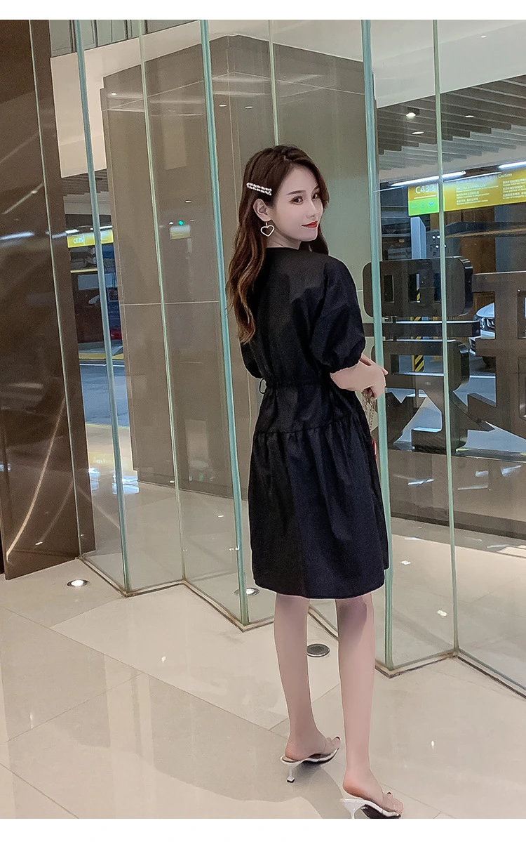 Summer Short-Sleeved Dress Loose Solid Color A-Line Skirt