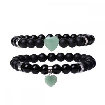 Gemstone Round Beads With Heart Charm Bracelets Black Matte Onyx Stone Stretch Bracelet Natural Stone Crystal Bangle 2PC