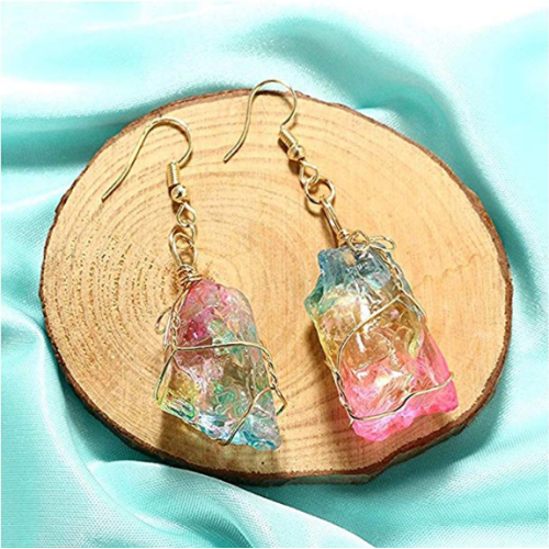 Natural rainbow irregular stone crystal pendant earrings