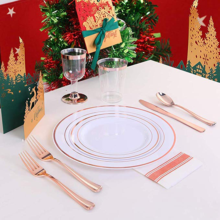 175 Pcs Rose Gold Disposable Tableware Set Plastic Silverware with Paper Napkins Heavy Duty Dinnerware Cutlery Set