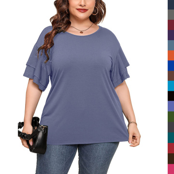 Plus Size Double Ruffle Short Sleeve Tunic Shirts: Loose Fit, Flowy Women's Clothing