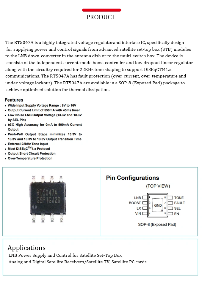 Rt5047agsp Single Output LNB Supply and Control Voltage Regulator