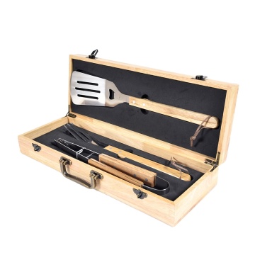 Wooden Case Barbecue Tool Box Set Barbeque Tools Box 3Pcs Set Bbq Grill Tool Kit
