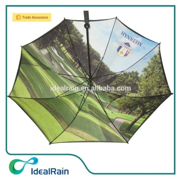 Double canopy storm shield artwork inside full printed golf umbrella