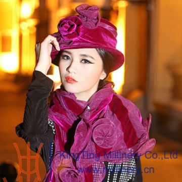 Ladis Formal Derby Hat Elegant Red Velvet Hat With Big Flower Trimming Winter Hat Party Hat