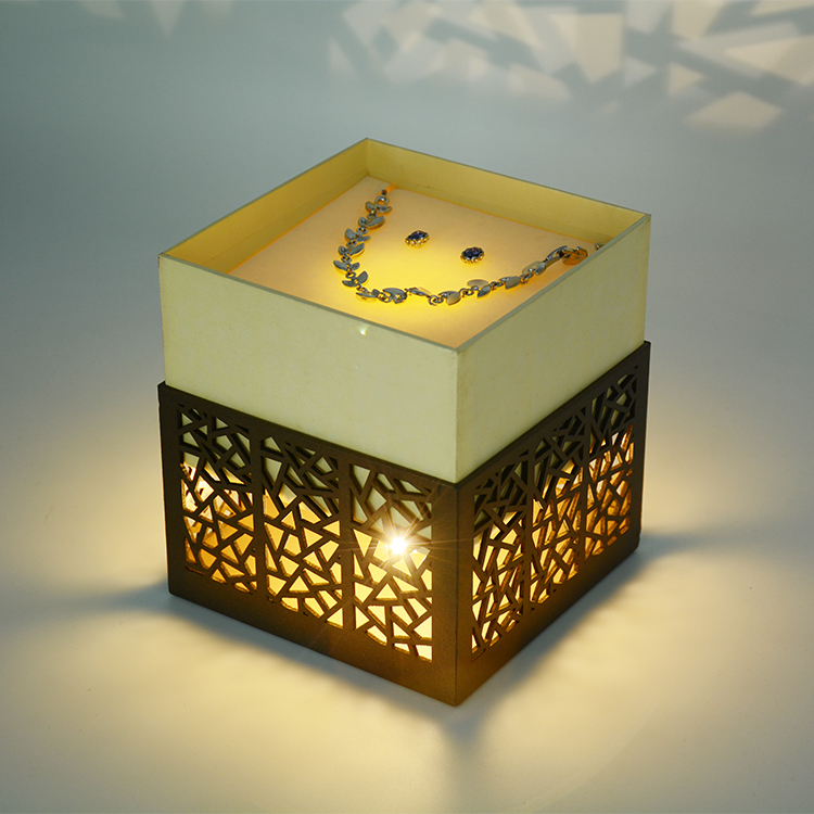 Classically designed square hollow-out cardboard with laser-cut LED light jewelry necklace box