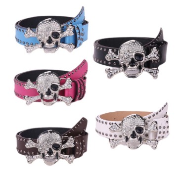 REWIN Rhinestone Skull Belt - Punk Style Double Studded Leather Waist Belt for Jeans