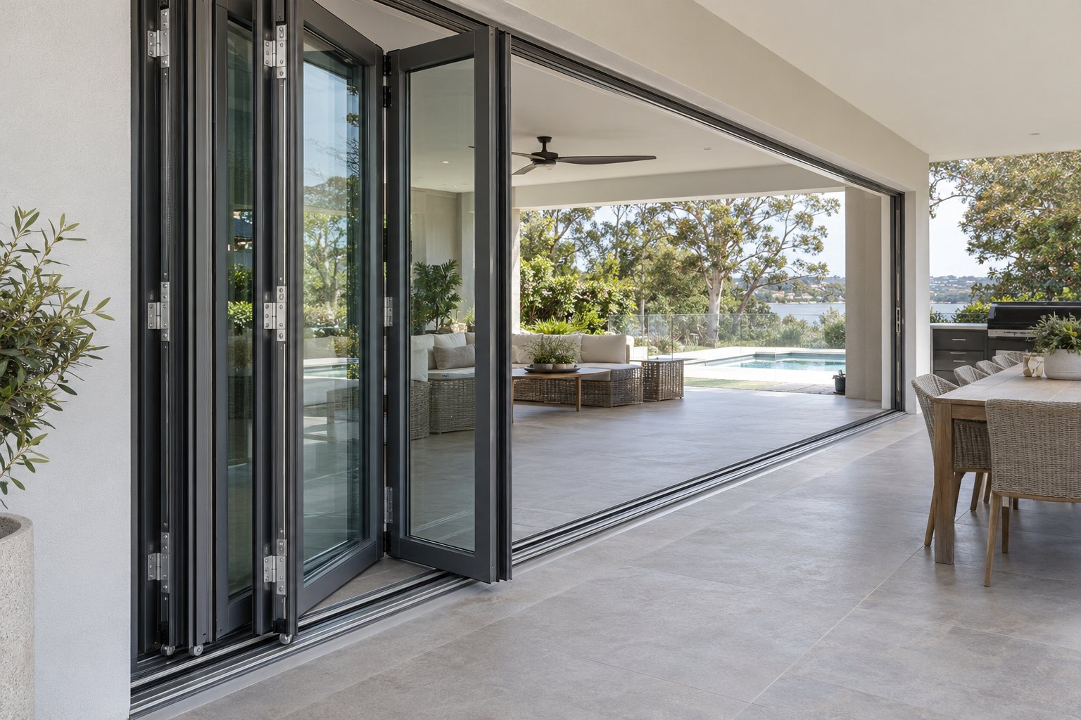 Illustrative bifold patio door hardware and threshold detail Unbranded external aluminium bifold door with visible hinges, panel stack and sill track
