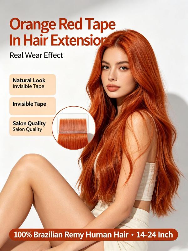 Orange Red Brazilian Remy Human Hair Tape In Extensions For Women
