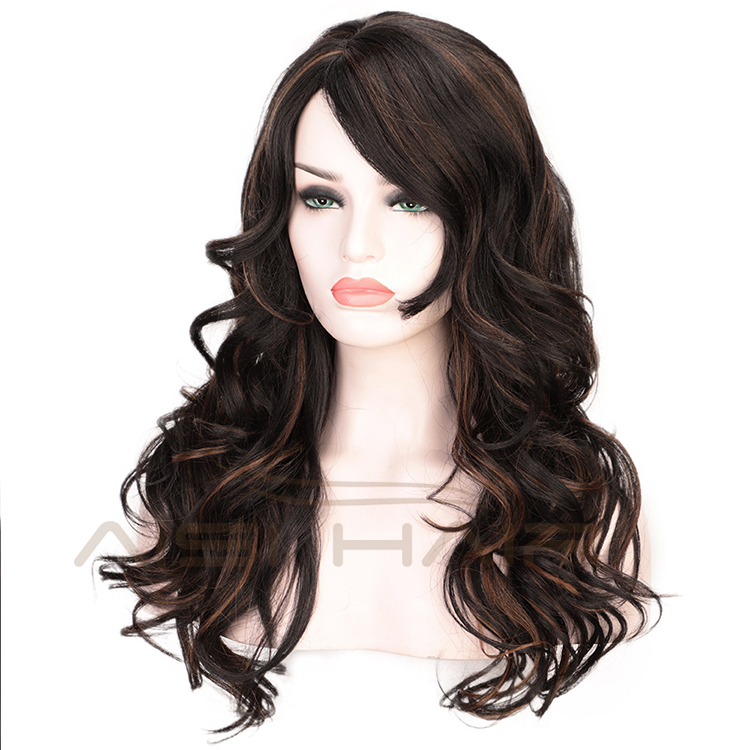 Heat Resistant Black Mixed Black Body Wave Synthetic Long Wavy Fiber Hair Wig For Black White Women Cosplay  Wigs