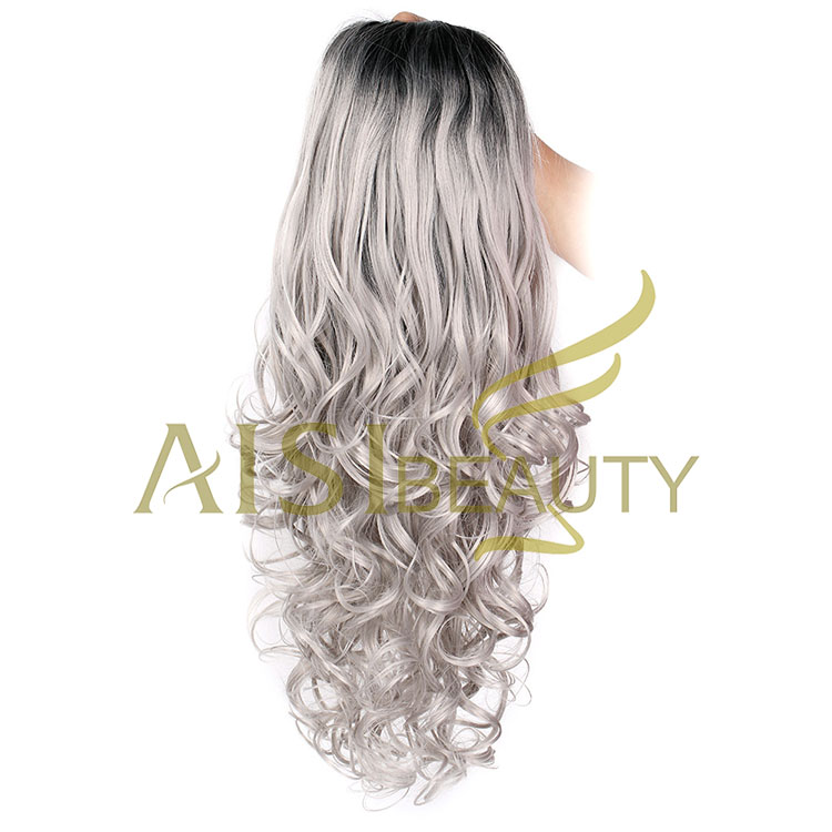 Aisi Beauty Wholesale Vendor Ombre Gray Big Curly Wave Wig Long Wavy Swiss Lace Synthetic Hair For Black Women Lace Front Wig
