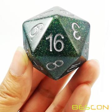 Bescon Glitter Jumbo D20 38MM, Tamaño grande 20 lados Dice Glitter Turquoise Green, Big 20 Faces Cube 1.5 pulgadas