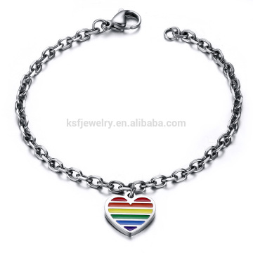 Hot Selling Lesbian And Gay Men Bracelet Stainless Steel 316L Rainbow Bracelet Jewelry With Heart Charm Hanging