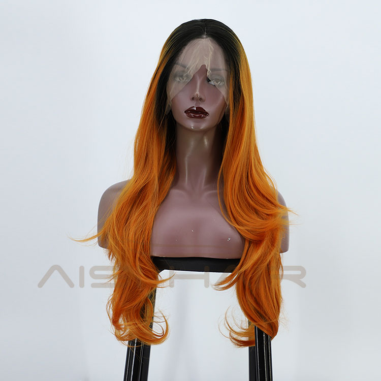 Aisi Hair Wholesale Vendor Body Wave Curly Long Wavy Ombre Orange Lace Frontal Synthetic Hair For Black Women Lace Front Wig