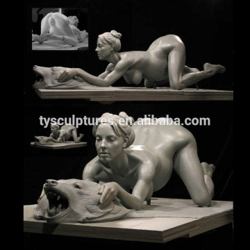 Erotic sexy natural white marble nude woman and wolf head sculpture stone naked female marble sculpture